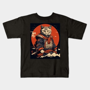 Japanese art Cat Ninja ukiyo-e Anime Stye Samurai Cat Kids T-Shirt